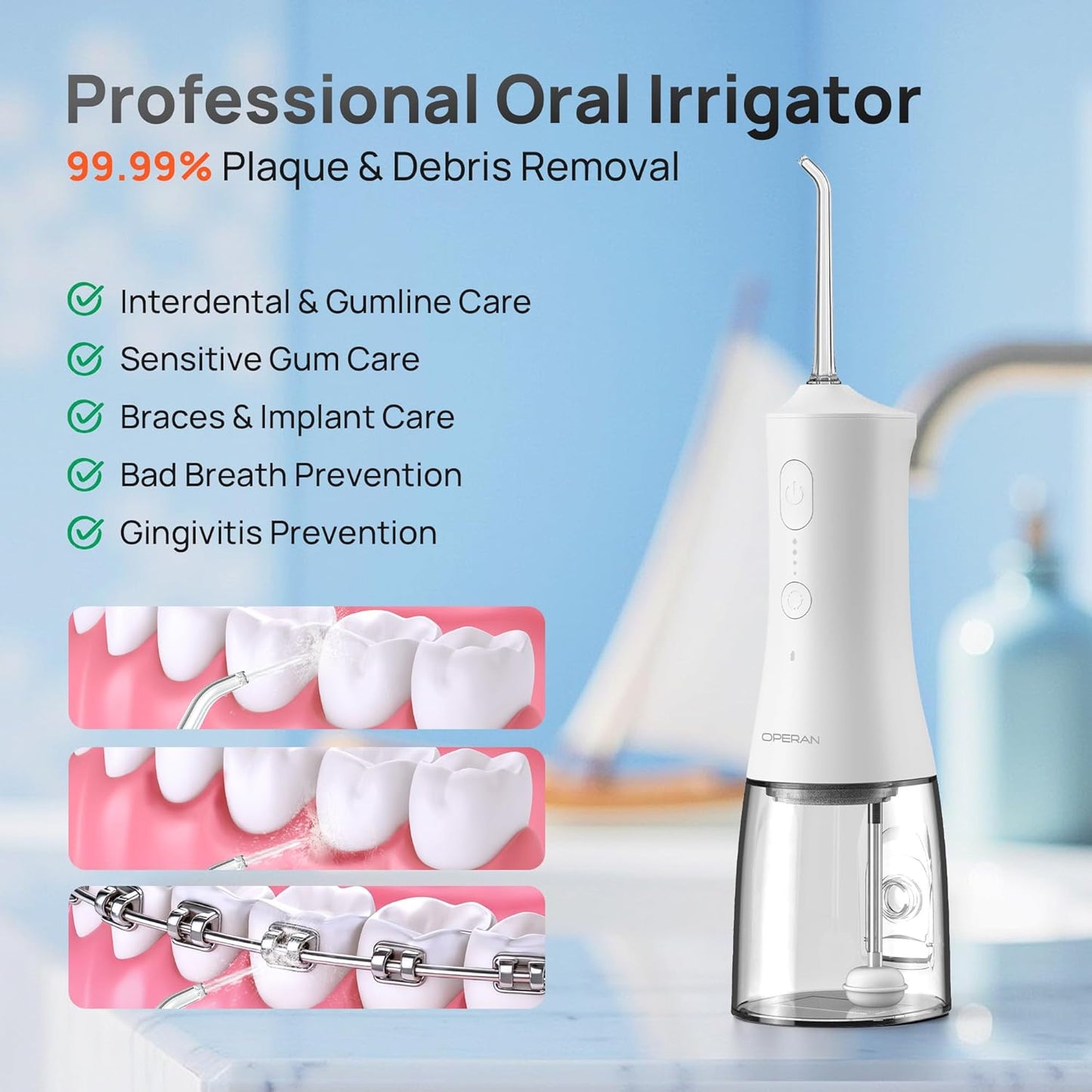 Operan Cordless Water Flossers for Teeth, 300ML Rechargeable Oral Irrigator with 4 Modes & 4 Nozzles, Portable Water Flossers for Adults, IPX7 Waterproof for Home and Travel, White，01Pack