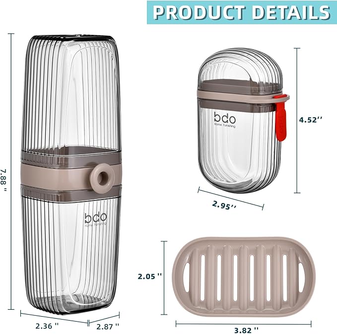 VITVITI Gray Toothbrush Travel Case, Portable Leakproof Travel Soap Container Dish Tray, 7.88 inch Toothpaste Toothbrush Holder with Cover for Trip/Bathroom/Camping