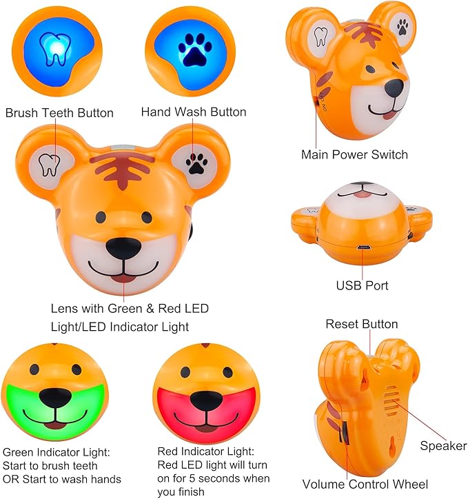 Musical Timer for Kids, Rechargeable Battery 2 Minute Toothbrush Timer and 20 Seconds Bathroom Hand Wash Timers with LED Color Light, 3 Volume Options Musical Timers for Children Tiger