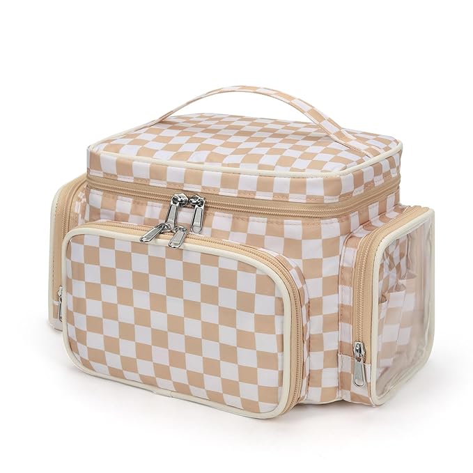 Large Makeup Bag, Portable Travel Makeup Bag Organizer for Women Girls with Makeup Brush Compartment & Two Side Pockets, Cosmetic Travel Bag Vertical Storage Toiletry- Checkerboard
