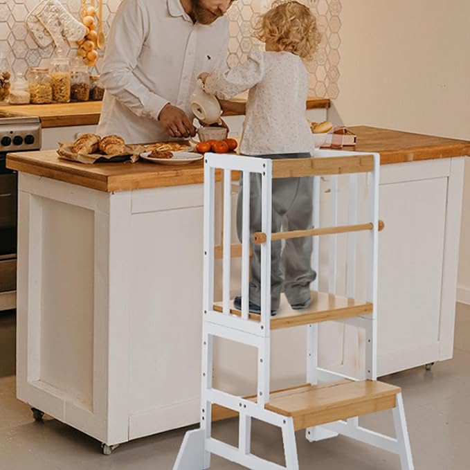 COSYLAND Toddler Standing Tower - Adjustable Height Toddler Kitchen Stool Helper - Kids Kitchen Step Stool for Learning with Removable Safety Railing White & Natural