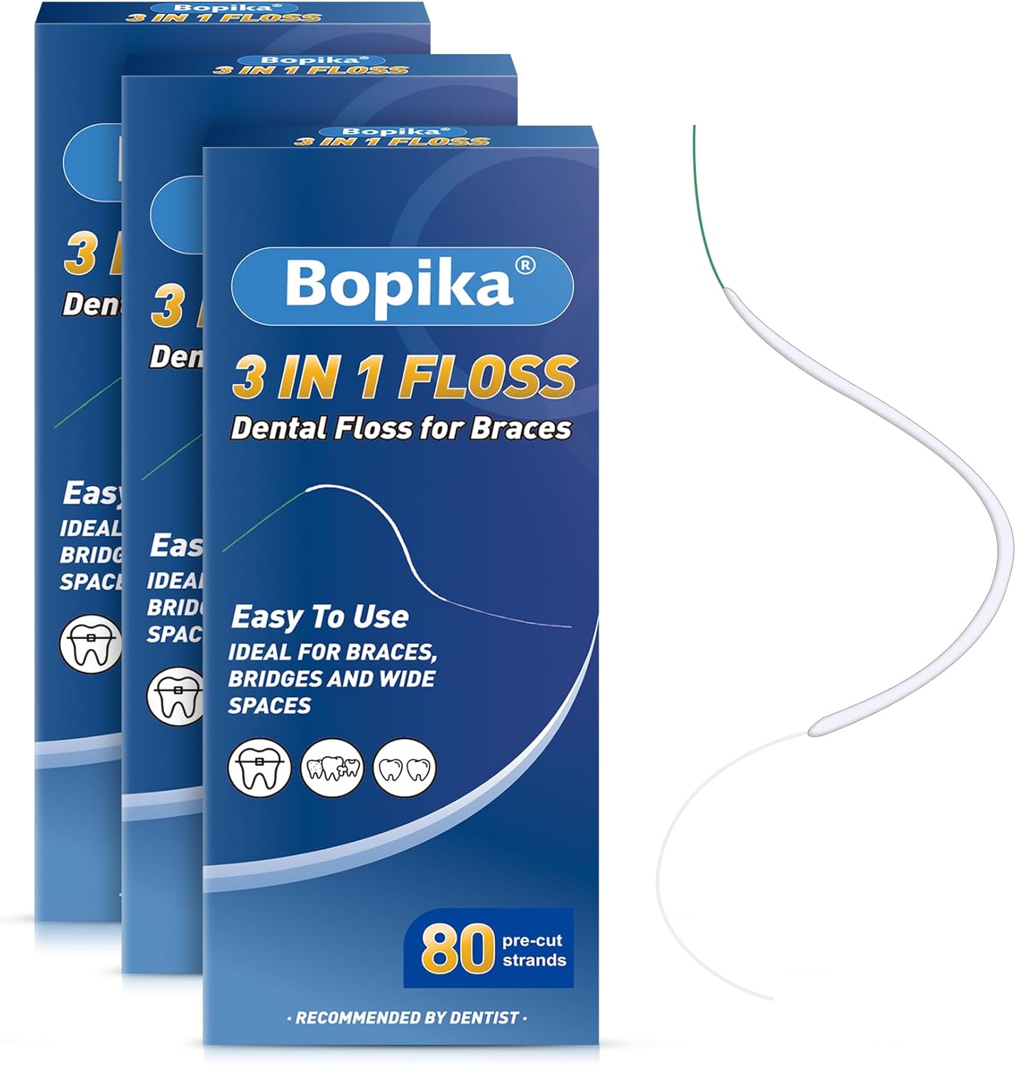 Bopika Dental Floss for Braces, 3 in 1 Ultimate Floss, Floss Threaders for Bridges and Implants, 80 Pre-Cut Strands (Pack of 3)