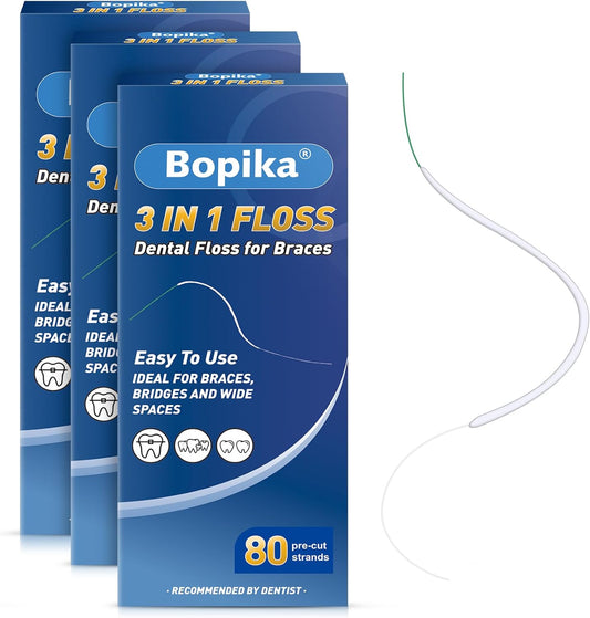 Bopika Dental Floss for Braces, 3 in 1 Ultimate Floss, Floss Threaders for Bridges and Implants, 80 Pre-Cut Strands (Pack of 3)