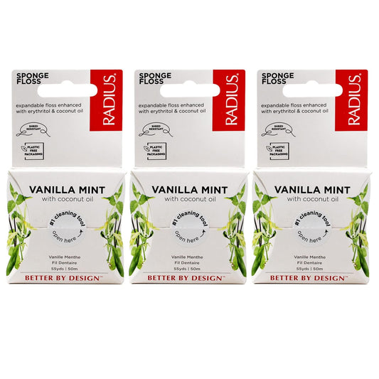 RADIUS Vanilla Mint Dental Floss 55 Yards Vegan & Non-Toxic Oral Care Boost & Designed to Help Fight Plaque Clear - Pack of 3