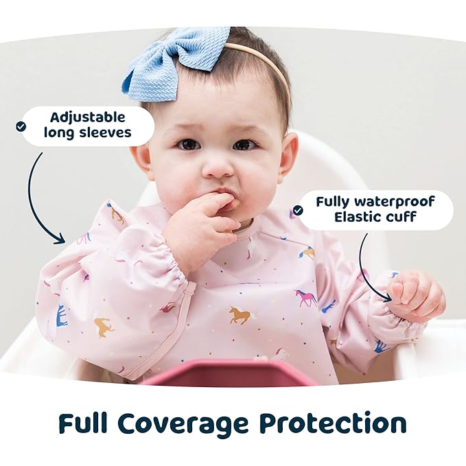 Tiny Twinkle Long Sleeve Bib for Babies & Toddlers – Waterproof Smock Bib for Eating – Machine Washable & Mess-Proof, Baby Feeding Essential & Shower Must-Have(Unicorn Confetti, 6–24M)