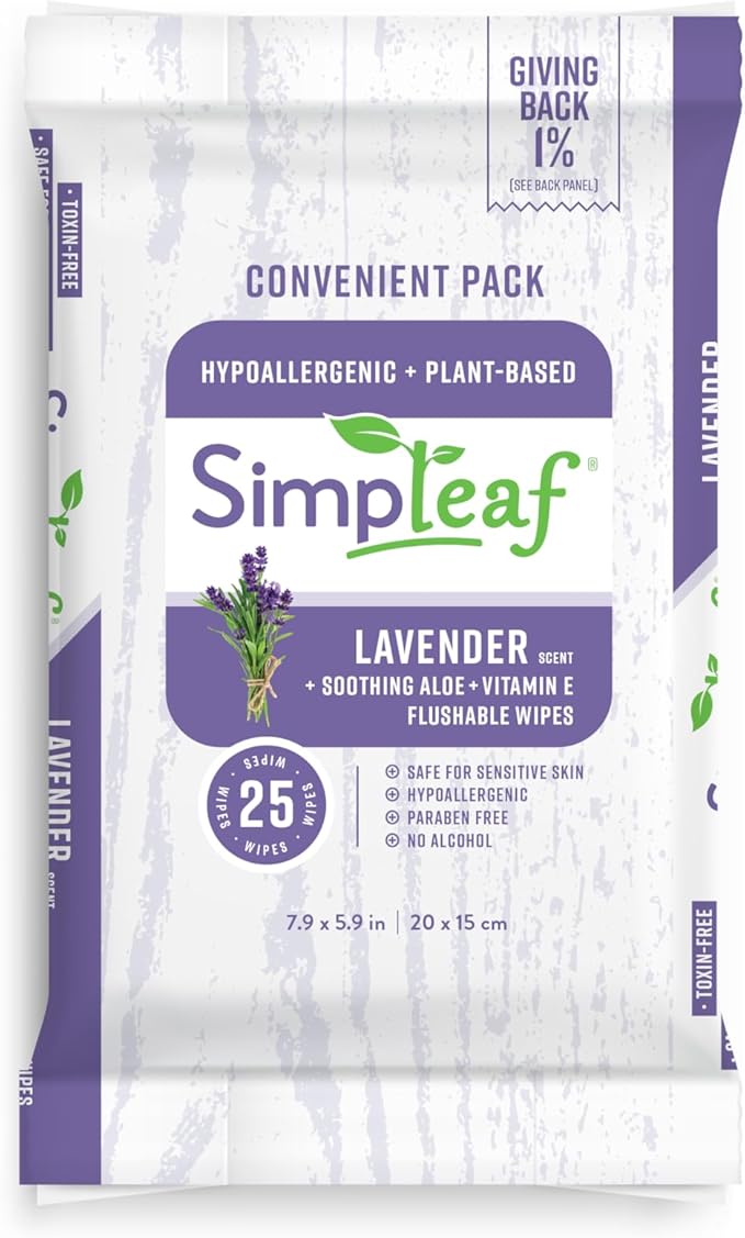 Simpleaf Flushable Wet Wipes Lavender| Eco-Friendly, Paraben & Alcohol Free | Hypoallergenic & Safe for Sensitive Skin | Soothing Aloe Formula | (24 x 25 Counts Convenient Pack) 600 Counts Total