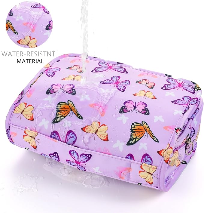 Kids Hanging Toiletry Bag for Girls, Travel Toiletry Bag for Little Young Girls Cosmetic Makeup Waterproof Wash Bag Toddler Traveling Toiletries, Butterfly Purple