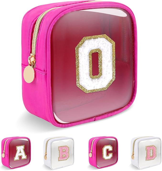 Personalized Initial Letter Clear Preppy Makeup Bag,Mini Nylon Chenille Letter Cosmetic Bag Cute Zipper Pouch Coin Purse for Teen Girls,Portable TSA Approved Travel Essentials Bag Gift for Women,O