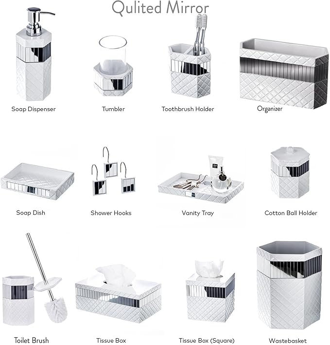 Creative Scents Quilted Mirror Bathroom Toilet Brush Set - White Toilet Bowl Brush and Holder - Good Grip Toilet Bowl Cleaner Brush and Holder - Decorative Compact Toilet Bowl Scrubber