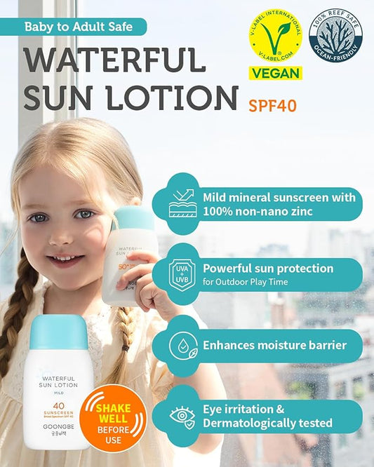 GOONGBE Baby Kids Waterful Sun Lotion SPF 40 & Mild Soothing Gel - Zinc Oxide Mineral Sunscreen & After Sun Relief - Korean Skincare for Sensitive Skin - Vegan Hypoallergenic, 2.82oz & 5.07oz