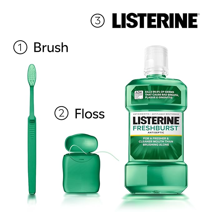 Listerine Freshburst Antiseptic Mouthwash for Bad Breath, Kills 99.9% of Bad Breath Germs & Fights Plaque & Gingivitis, ADA Accepted Mouthwash, Spearmint, Convenience Pack, 2 x 1 L