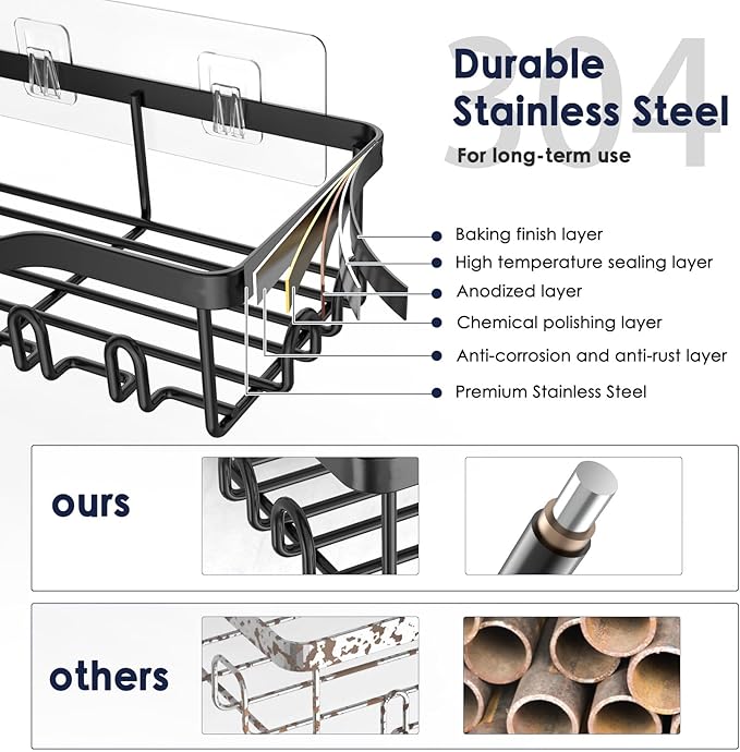 Shower Caddy Adhesive Shower Organizer 7-Pack, Rustproof Stainless Steel Bathroom Shelves, Large Capacity No-Drill Rack Storage Accessories with Soap Dish Toothbrush Holder &24 Hooks Home Decor