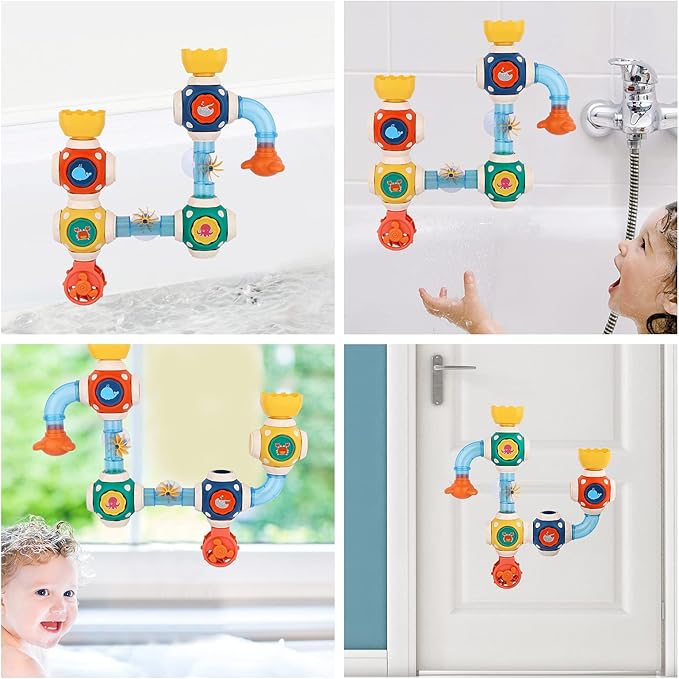 Bath Toys, STEM Baby Bathtub Toy with DIY Pipe Tubes, Cubes,Spoon, Lovely Cute Bathroom Time Spray Waterfall Shower Toy, Suitable for Toddlers Boys Girls 3 Years and up
