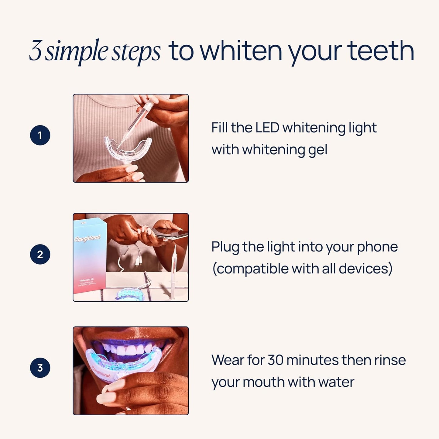 Laughland Super Strength Teeth Whitening Kit, Phone-Powered LED Mouthpiece & 3 Whitening Gel Syringes, 11% Hydrogen Peroxide, Glycerin, Aloe Vera & Mint, at Home Dental Care, 6+ Treatments