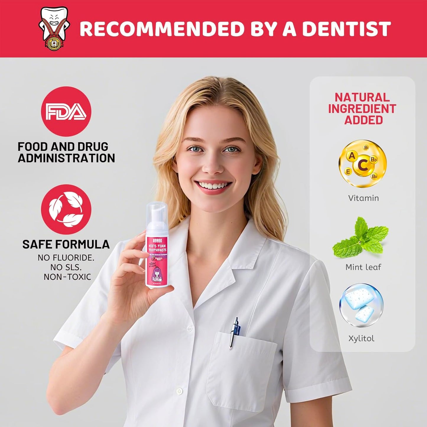 NOHOO Fluoride Free Foam Toothpaste Kids Fruit Flavour,Natural Training Toothpaste for Baby Toddler Children Oral Cleaning and Cavity Protection(2 Strawberry + 2 Watermelon)