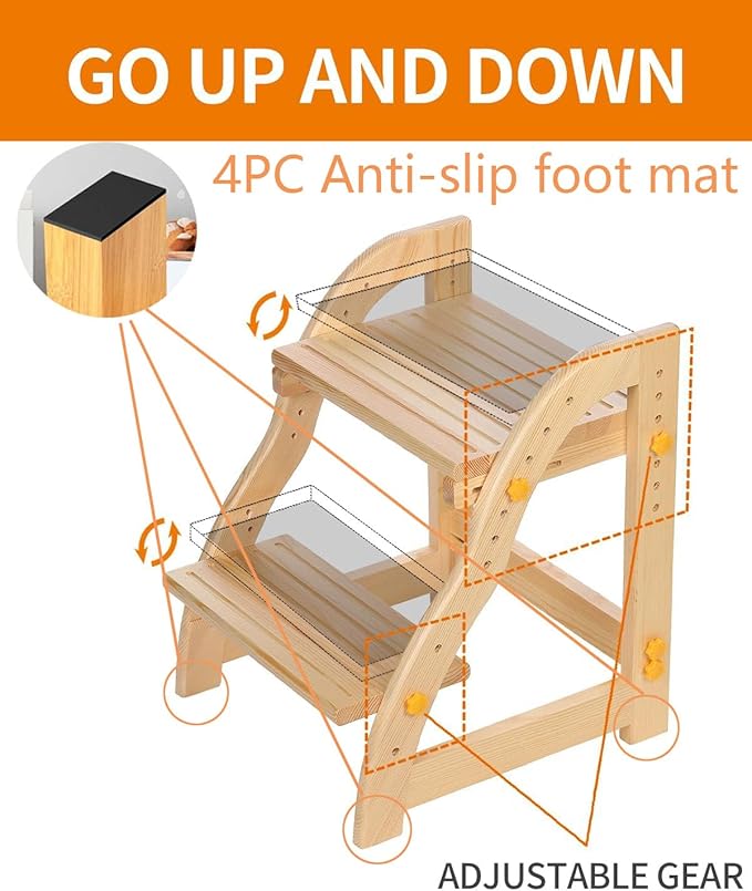 Wooden Step Stool for Kids, Adjustable Toddlers Two Step Stool Wood for Bathroom Kitchen, Non-Slip Beside Stepping Stool with 200 lbs Capacity (Natural Pine)