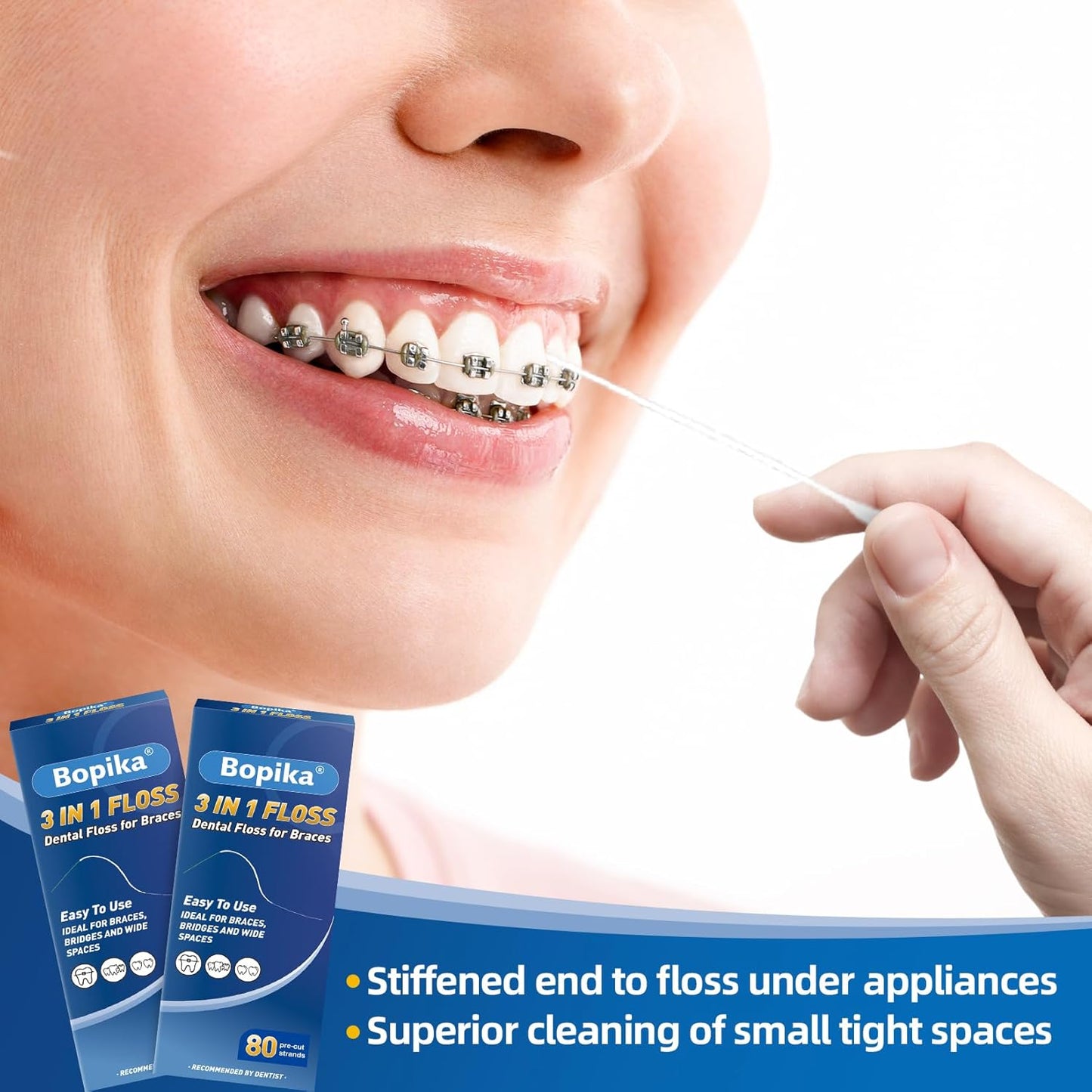 Bopika Dental Floss for Braces, 3 in 1 Ultimate Floss, Floss Threaders for Bridges and Implants, 80 Pre-Cut Strands (Pack of 3)