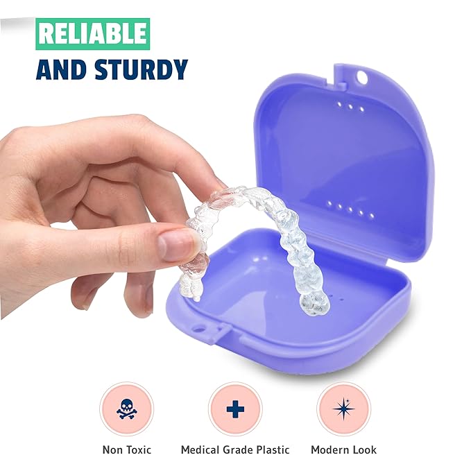 Retainer Cases - Pack of 4 Assortment - Odorless Mouth Guard Case - Ventilated & Hygienic for Carrying & Protecting Braces & Aligners - 3.14x3.07x1.1 Inches – Bluish, Black, Pink & Purple