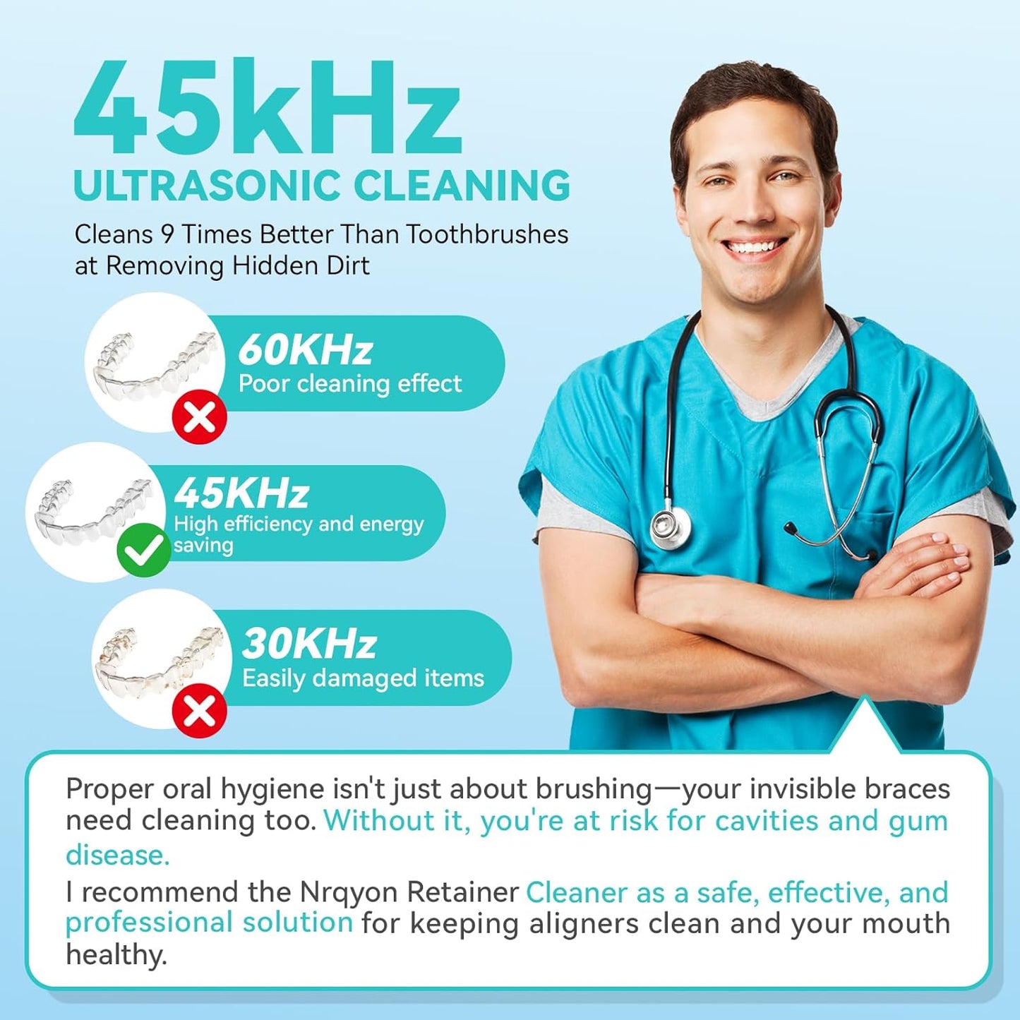 Denture Ultrasonic Retainer Cleaner Machine - 45kHz Retainer Cleaner Machine with 200ML Dental Pod, 9 Modes Ultrasonic Cleaner for Denture, Mouth Guard Clenching, Aligner, Braces, Toothbrush, Jewelry