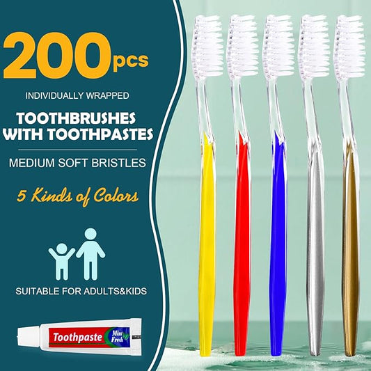 Navona 200 PCS Disposable Toothbrush with Toothpaste Bulk, Travel Toothpaste, Bulk Toothpastes, Individually Wrapped Bulk Toothbrush, Ergonomics Handle,Medium Soft Bristle, Perfect for Travel, Hotel