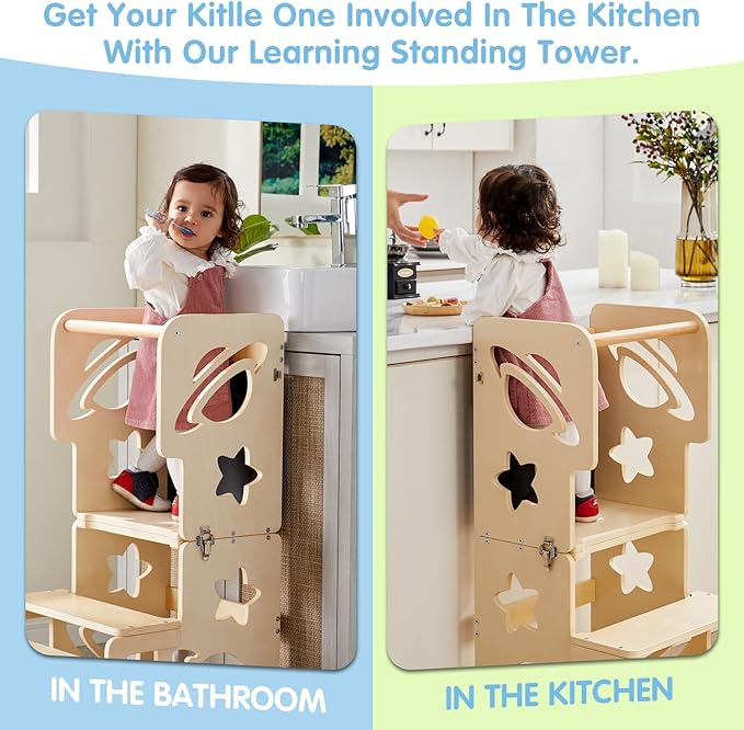 Toddler Tower, Toddler Stool for Kitchen, Kids Learning Wooden Tower, Foldable Weaning Table with Kids Step Stool, Montessori Standing Tower for Bathroom and Kitchen Counter