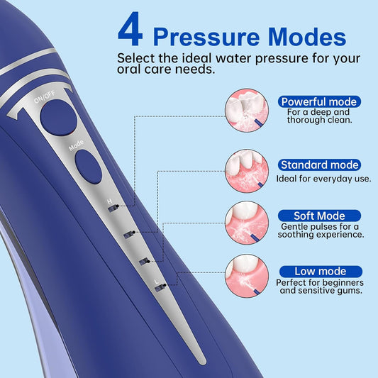 Water Dental Flosser Pick for Teeth: Cordless Rechargeable Oral Irrigator - 4 Modes IPX7 Waterproof 300ML Removable Tank Electric Dental Flossing Machine for Braces, Travel & Home Use (Dark Blue)