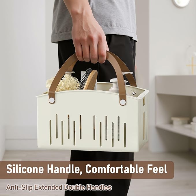 Delamu Portable Shower Basket Caddy with Double Handle Foldable Dry Wet Separation Design 11.0 × 7.1 × 6.5in, Travel, Camping, Gym, College Bathroom Tote, White, Ideal Christmas Gifts for Girls