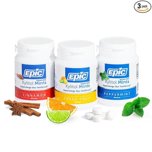 Epic 100% Xylitol Mints - Sugar Free Peppermint, Fresh Fruit, Cinnamon Breath Mints Variety Pack - Aspartame Free, Dry Mouth Relief, Freshens Bad Breath - 180 Pieces (Pack of 3)
