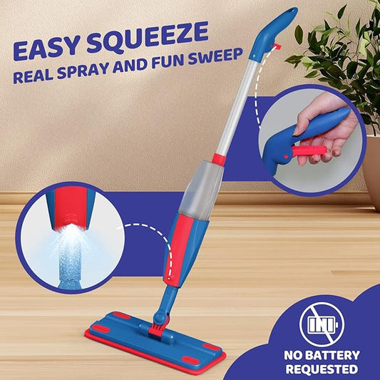Kids Spray Mop Real with Sprayer + 2PCS Mop Pads, Toddler Cleaning Tool Real Works for Realistic Housekeeping Cleaner Pretend Play Toys Montessori Mini Mop & Sweeper for Kids Aged 3+