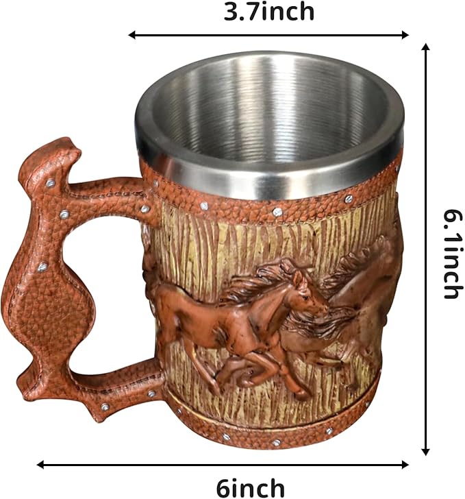 Wooden Barrel Beer Mug, 20oz Stainless Steel Horse Mug Coffee Cup Horses Gifts for Women Men Gift for Birthday Christmas, Gothic Decor Party Decoration Drinkware Gift