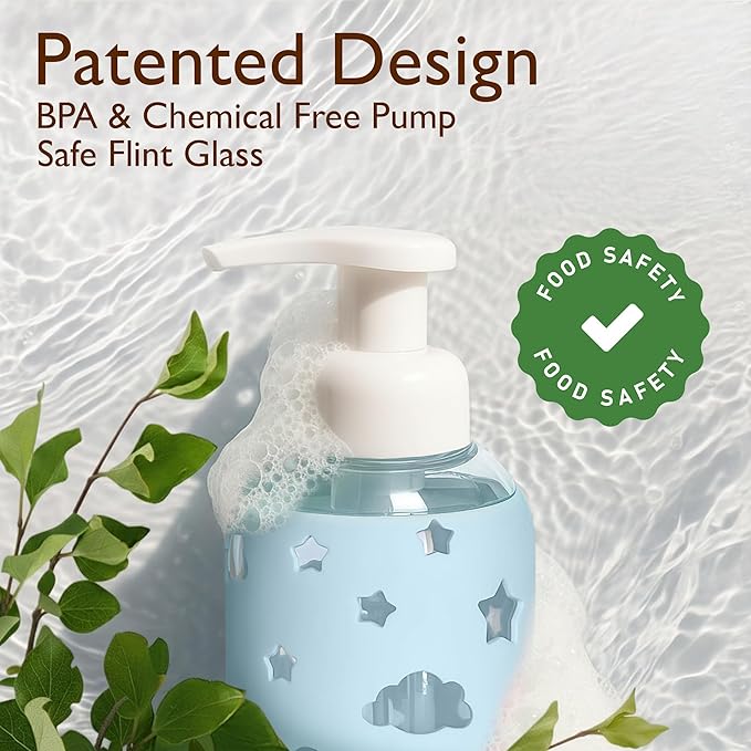 SoCal Suds & Company Glass Foaming Hand Soap Dispenser, Soft Grip Silicone Sleeve, Refillable Pump Bottle for Kids, Baby Wash & Shampoo, Ideal for Home Use, Light Blue 8oz