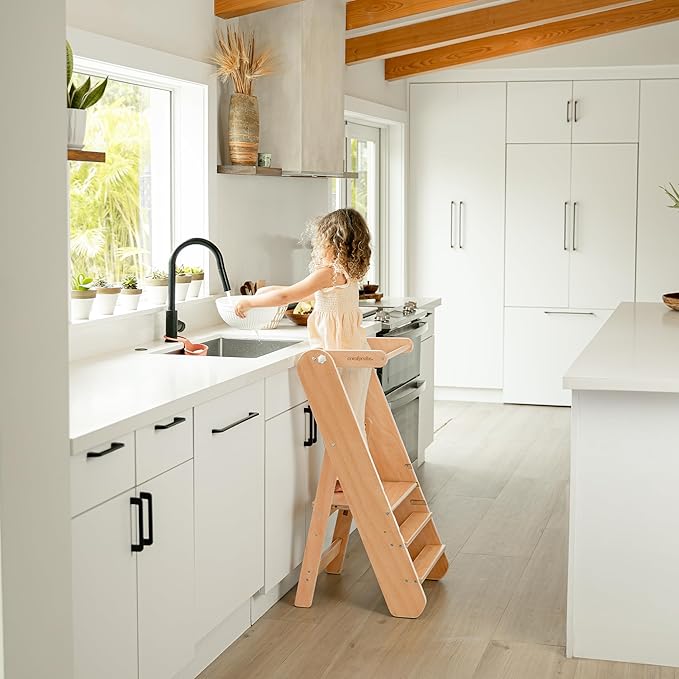 Comfy Cubs Kids Step Stool for Ages 3+, 3 Height Adjustable Toddler Tower, Montessori Furniture Designed in The US - Toddler Standing Tower for Kitchen Sink & Bathroom Access - Natural Wood