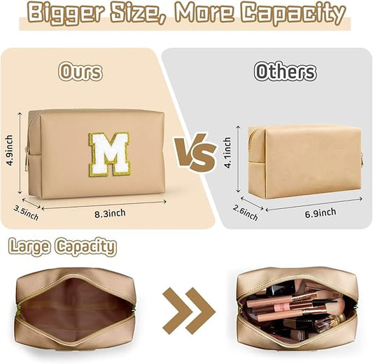 TOPEAST Travel Makeup Bag, Personalized Initial Toiletry Bag w Zipper, Cute Makeup Pouch, PU Leather Waterproof Cosmetic Bag, Birthday Gift for Daughter, Preppy Things for Girls (Khaki G)