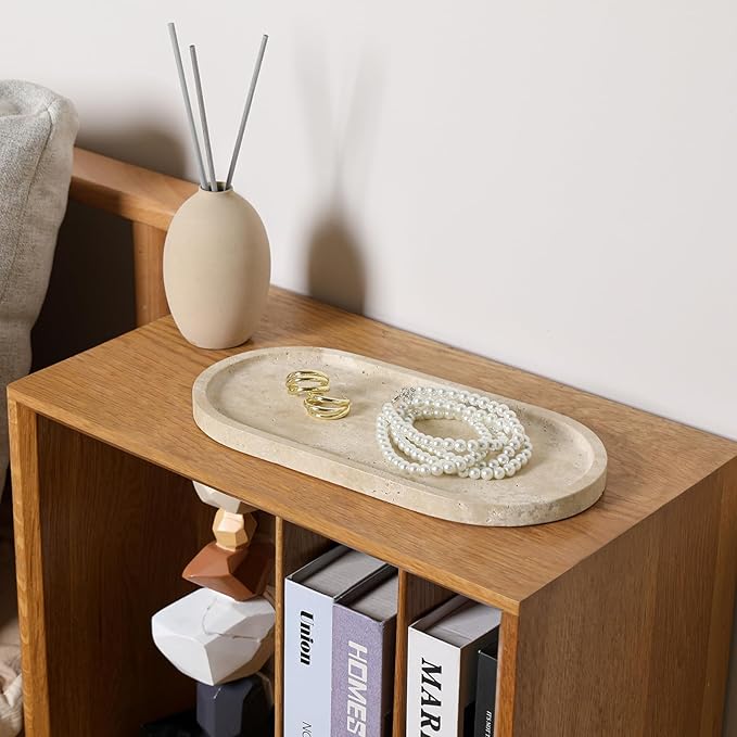 2 Pcs Travertine Tray, Oval Stone Tray for Bathroom Storage Home Decor, 12 x 6 Inch