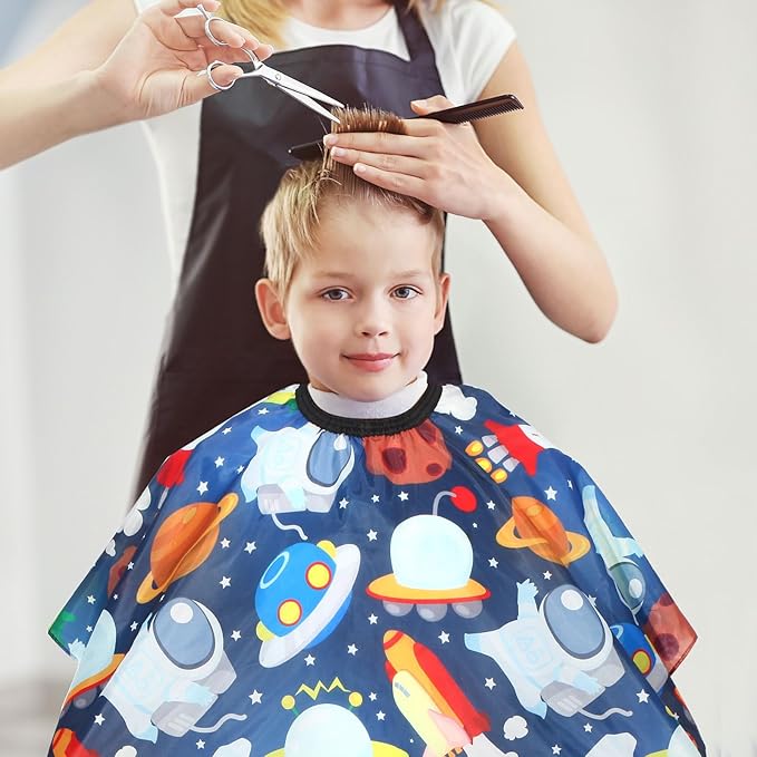 Kids Barber Cape with Neck Duster Brush, Professional Salon Hair Cutting Cape with Adjustable Snap Closure(Cartoon Space)