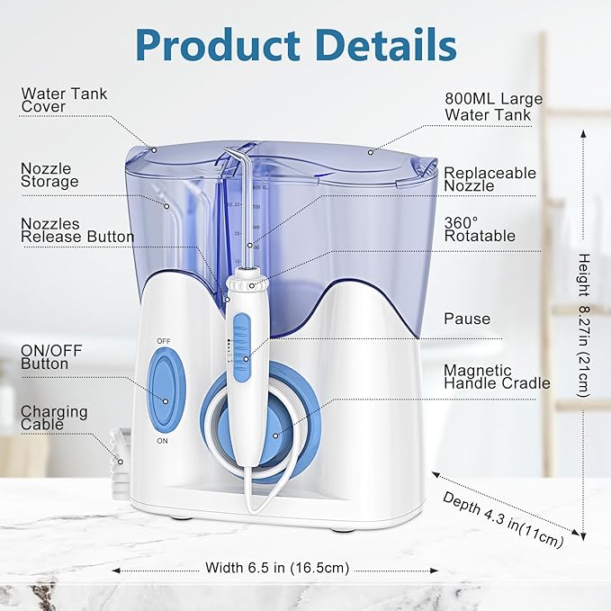 H2ofloss® Dental Water Flosser for Teeth Cleaning with 13 Multifunctional Tips&800ml Capacity, Professional Countertop Oral Irrigator Quiet Design(HF-9)