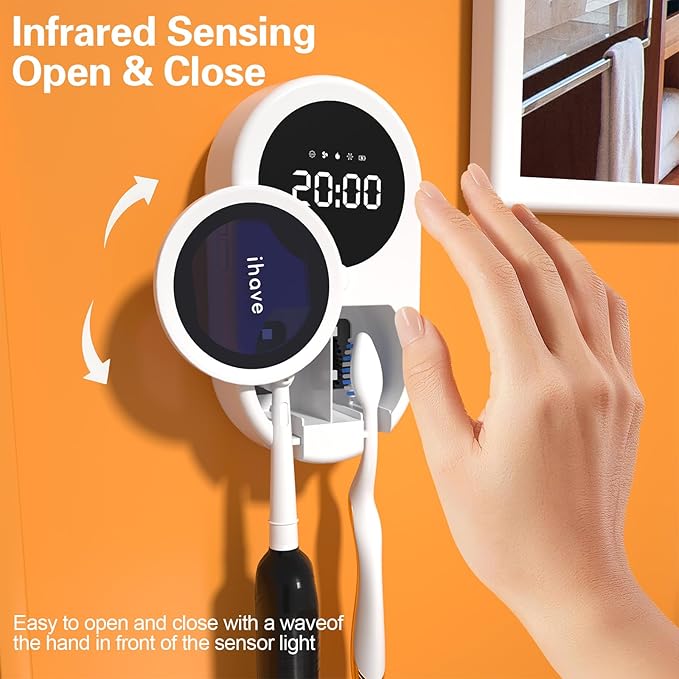 iHave Toothbrush Sanitizer Holder, UV Toothbrush Holders with 100M Negative Ions for 360° Disinfection, Mold Control & Odor Neutralization, Heated & Fan Drying 2-Slot Toothbrush Holder Wall Mounted