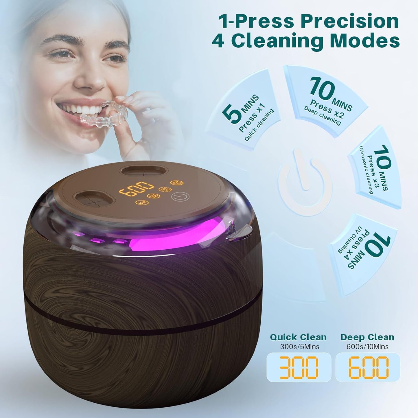 Voraiya Dental Ultrasonic Retainer Cleaner Machine, 45kHz Denture Cleaning Pod with 4 Modes Digital Timer for Aligner, Mouth Night Guard, Braces, Toothbrush, Jewelry, Ring