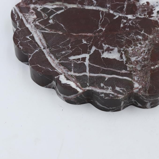 Round Marble Decorative Tray with Scalloped Edge, Luxury Natural Stone Bathroom Vanity Tray, Dresser Top Perfume Coffee Home Kitchen Sink Tray, Key Trinket Ring