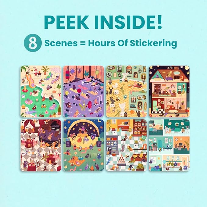 CUPKIN The Life of Busy Bugs Sticker Book, Toddler Sticker Book for Kids, Fun Bugs Toy, Road Trip Essentials, 300+ Girly Stickers with 8 Sticker Scenes and Coloring Pages, Ages 2+