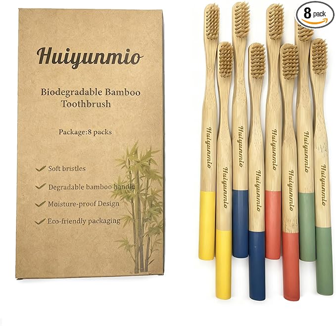 8 Pack Bamboo Toothbrushes - Soft Bristles, BPA Free, Eco-Friendly Natural Wooden Toothbrushes for Adults & Family, Zero Waste Compostable Handle