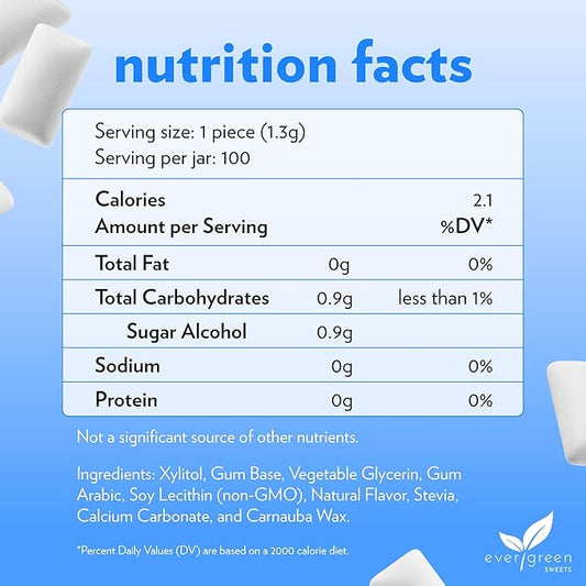 Evergreen Sweets Chewing gum 100 Count Jar - Natural Peppermint Gum Made with Xylitol and Stevia - Sugar-Free, Aspartame Free and Vegan