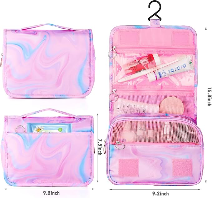 Pink Hanging Toiletry Bag for Girls, Travel Toiletry Bag for Teen Girls Cosmetic Makeup Waterproof Wash Bag Traveling Toiletries, Fluid