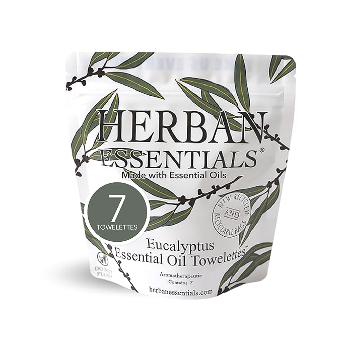 Herban Essentials - Eucalyptus Wipes & Towelettes - Essential Oil Wipes for Hands & Body - Travel Size Essentials and Toiletries - Natural, Individually Wrapped, Disposable & Moist Refresh (7 count)