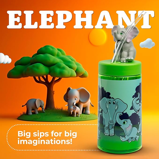 Kids Water Bottle, Toddler Cups, Tumbler with Lid and Straw, Travel Sippy Cup for Water or Milk, Kids Cups with Lids for Toddlers 3 and Up, BPA Free Plastic, 12 oz (Trend Zoo Elephant)