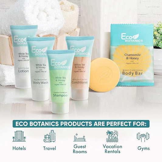 Terra Pure Eco Botanics Hotel Soaps and Toiletries Bulk Set | 1-Shoppe All-In-Kit Amenities |0.85oz Shampoo & Conditioner, Body Wash, Body Lotion & 0.89oz Bar Soap Travel Size | 75 Pieces