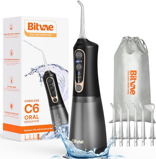 Bitvae C6 Water Dental Flosser Teeth Pick, Cordless Flosser for Travel with 6 Jet Tips, 3 Modes 5 intensities, IPX7 Waterproof Portable & Rechargeable Oral Irrigator Cleaner, Black