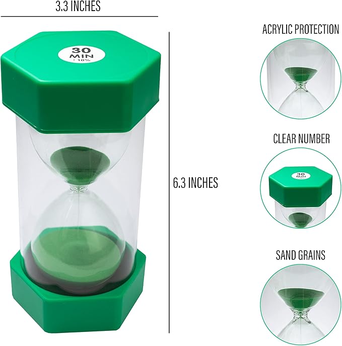 Sand Timer for Kids - 30 Minute Green - 6.3 inches Hour Glass Acrylic Covered Clock for Classroom, Home & Kids Room - Large Single Pack