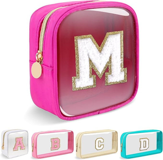 Mini Clear Personalized Initial Makeup Bag,Nylon Preppy A-Z Chenille Letter Patch Zipper Cosmetic Bag, Small Cute Beach Pouch Travel Purse Sanitary Napkin Storage Bag for Women Girls(Hot Pink-White M)