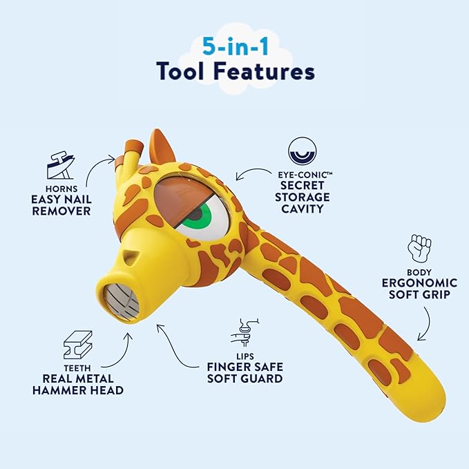 Handy Famm Real Metal Yellow Giraffe Hammer for Kids, Patented Safety Mouth Sleeve and Nail Remover, STEM DIY Tool for Children Ages 5 and Up